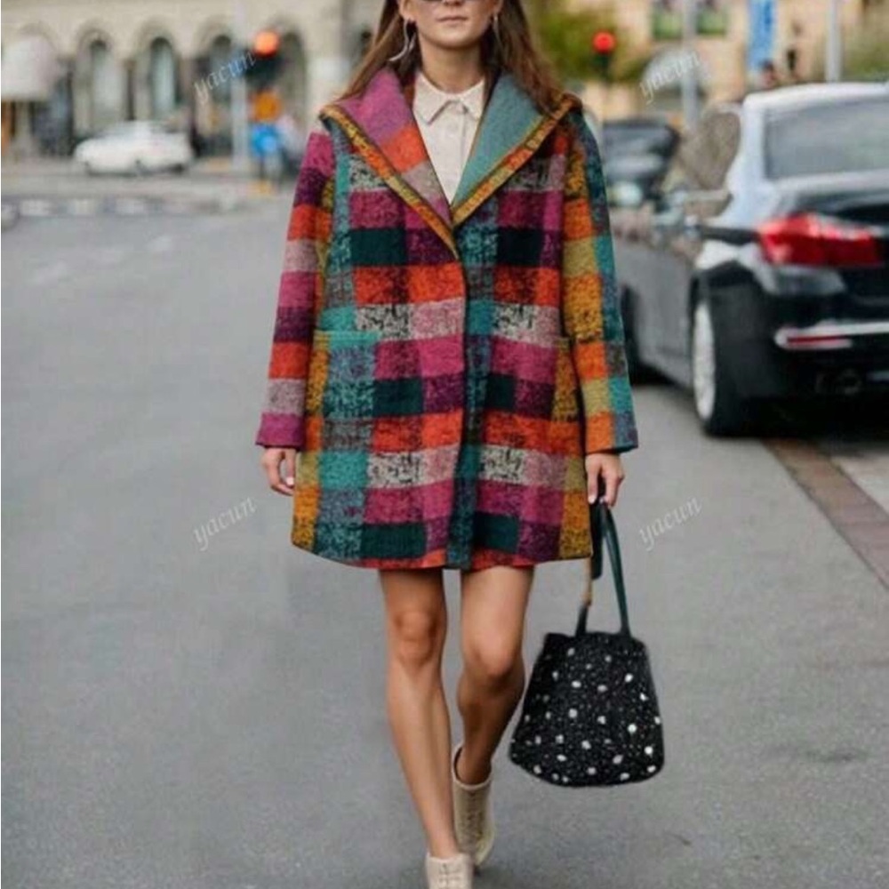 Luxe Plus Plaid Checkered Long Sleeve Pocket Knit Hoodie Sweater Coat Brushed - Picture 5 of 9
